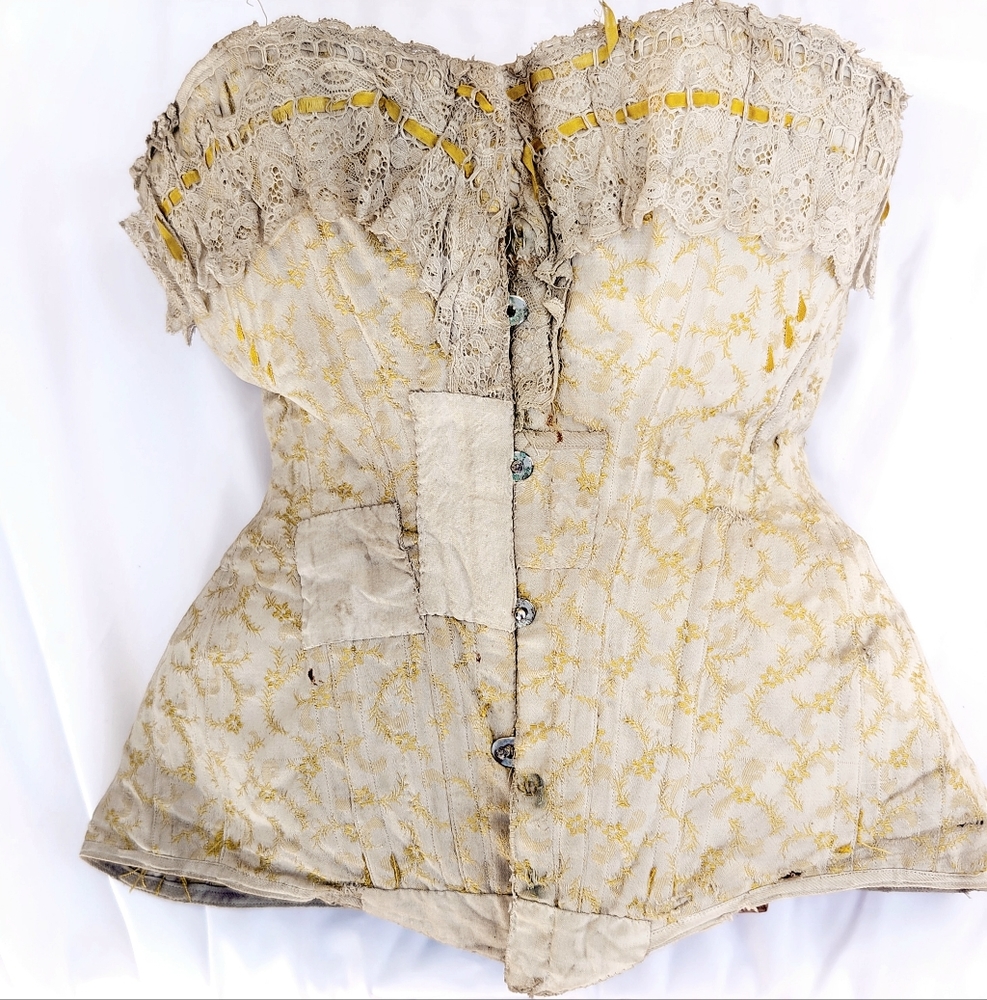 True Antique French Floral Cotton Corset With Steel Boning, Victorian ca. 1800s